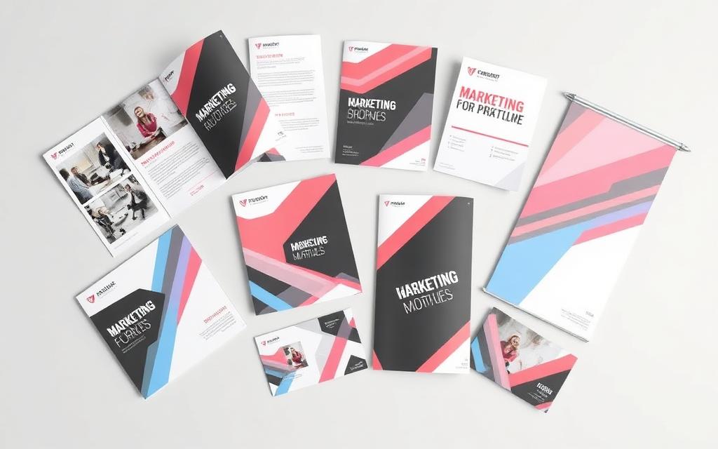 Marketing materials brochures and roll-up banner mockup