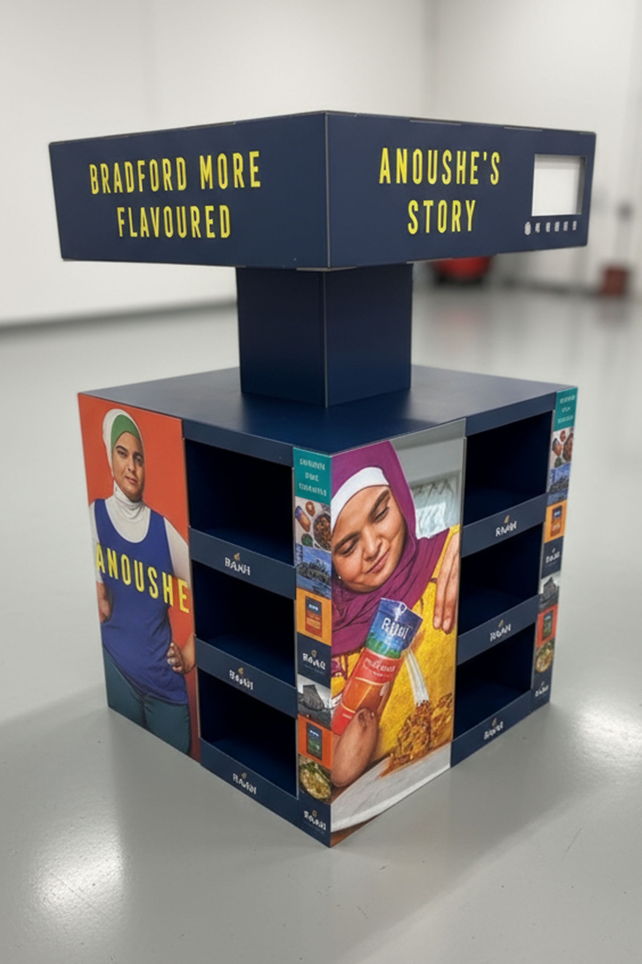 Bradford More Flavoured multi-tiered display with Anoushe's Story branding