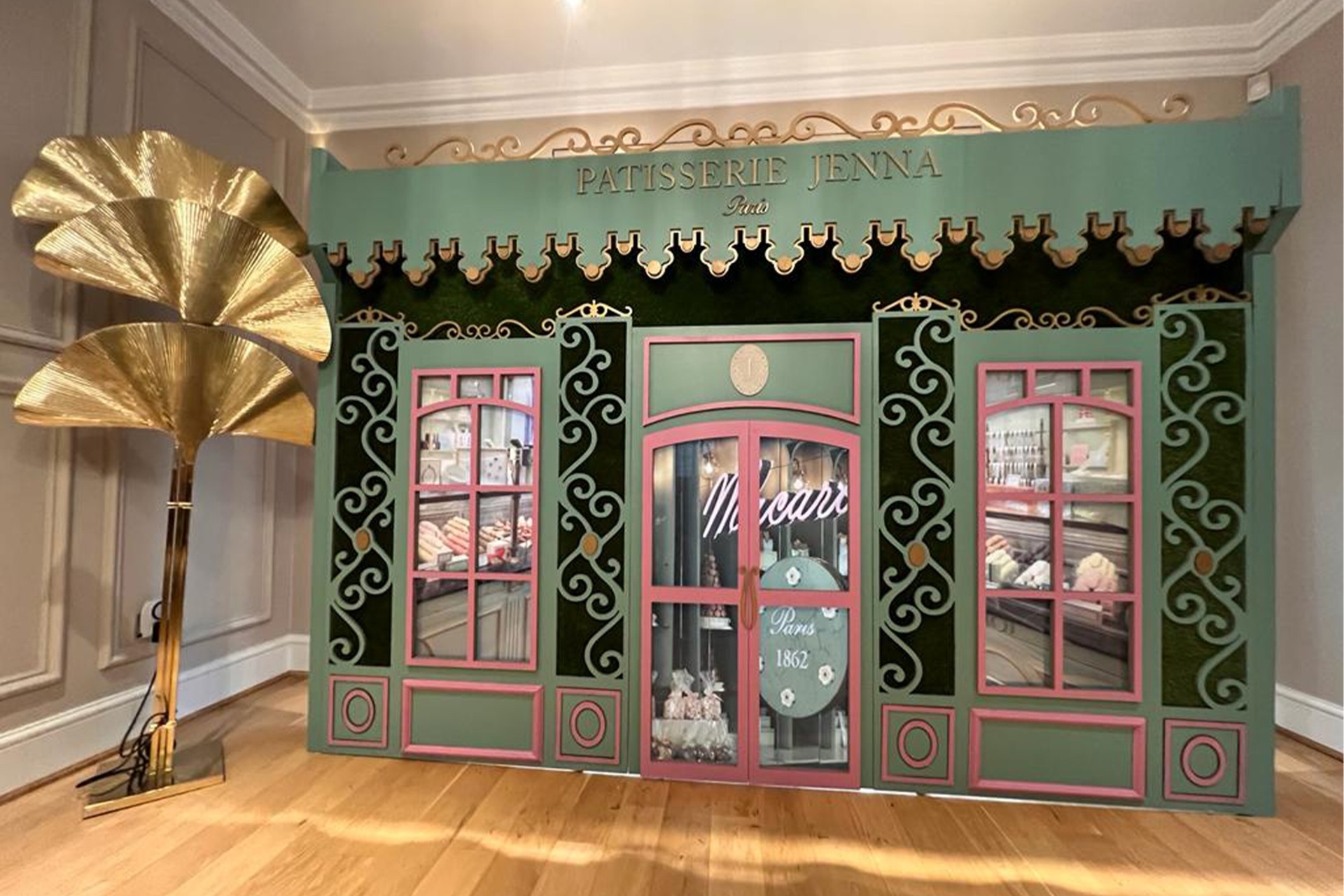 Patisserie Jenna elegant green and pink shop front with decorative gold elements